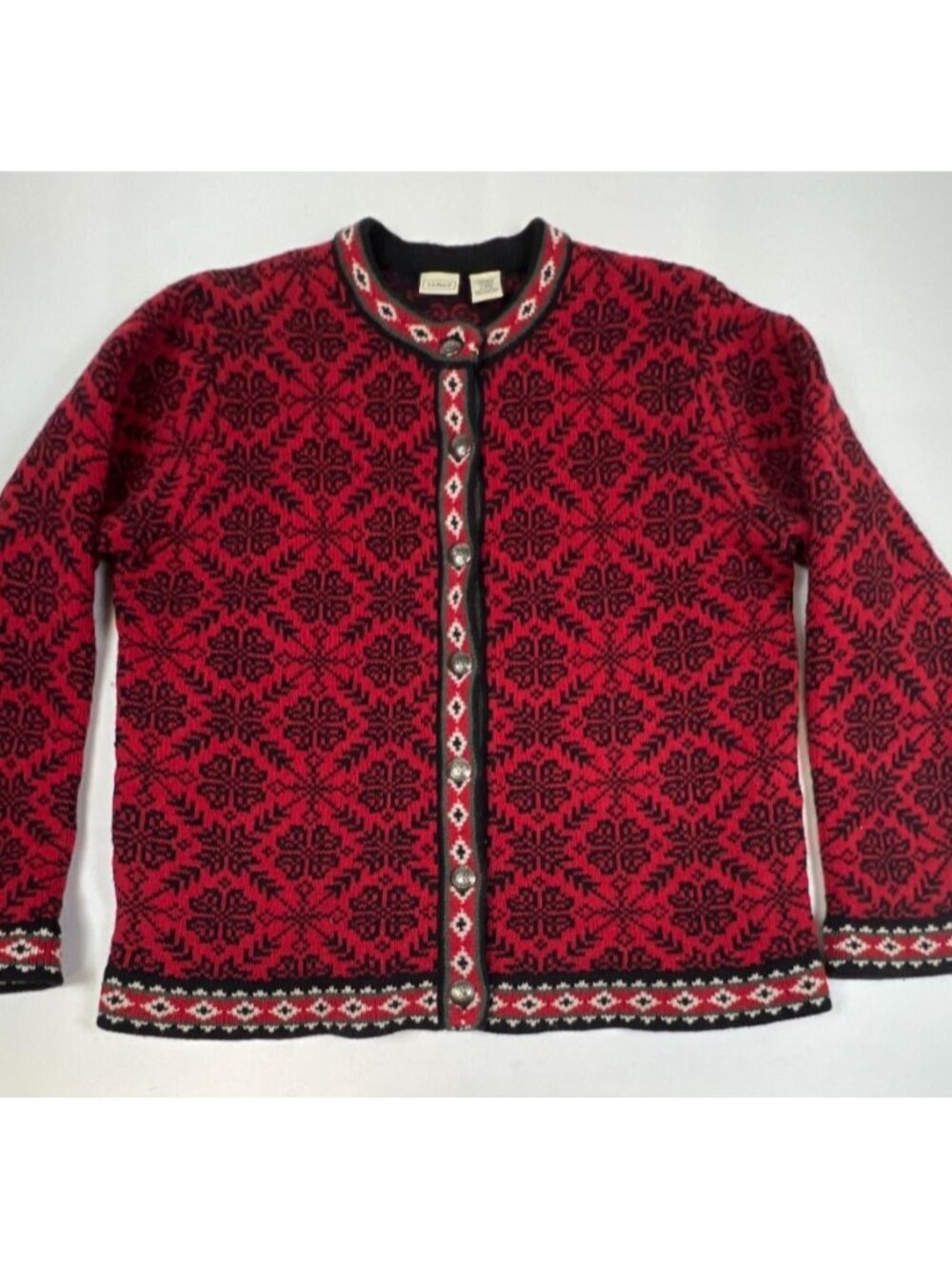 VTG L.L. Bean Women's Merino Lambswool Nordic Fair Isle Cardigan Red Black L